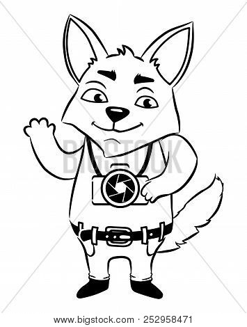 Tourist Dog Holding A Camera On A White Background. Simple Black And White Sticker. Vector 2d Illust