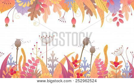 Seamless Line Horizontal Pattern Made Colorful Leaves, Dried Grass And Berries On White Background. 