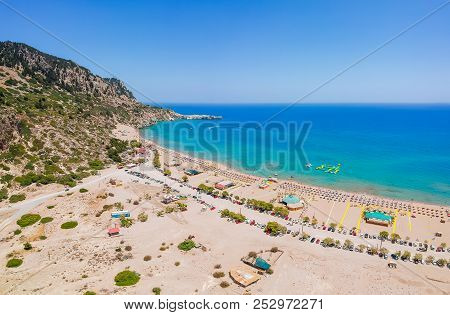 Aerial Birds Eye View Drone Photo Tsambika Beach Near Kolympia On Rhodes Island, Dodecanese, Greece.