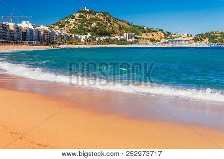 Sea Landscape In Blanes, Catalonia, Spain Near Of Barcelona. Scenic Town With Nice Sand Beach And Cl