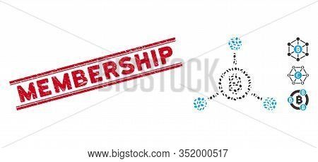 Grunge Red Stamp Watermark With Membership Phrase Between Double Parallel Lines, And Mosaic Bitcoin 