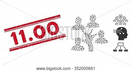 Grunge Red Stamp Seal With 11.00 Phrase Between Double Parallel Lines, And Mosaic Genealogy Tree Ico
