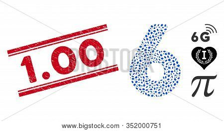 Grunge Red Stamp Seal With 1.00 Phrase Between Double Parallel Lines, And Mosaic 6 Digit Icon. Mosai