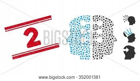 Rubber Red Stamp Watermark With 2 Text Between Double Parallel Lines, And Mosaic Dual Head Interface