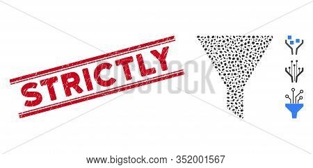 Rubber Red Stamp Seal With Strictly Phrase Inside Double Parallel Lines, And Mosaic Filter Icon. Mos