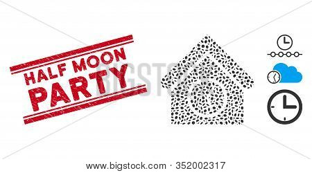 Grunge Red Stamp Watermark With Half Moon Party Text Inside Double Parallel Lines, And Mosaic Clock 
