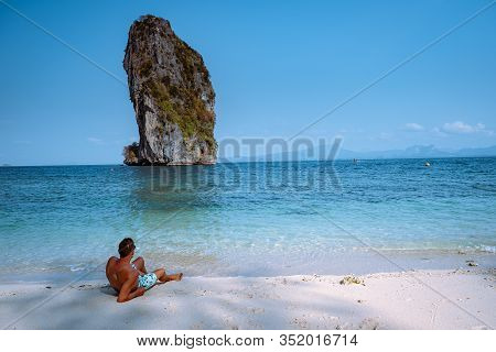 Young Men On The Beach Of Koh Poda Thailand, The Beautiful Landscape Of Koh Poda Or Poda Island In K