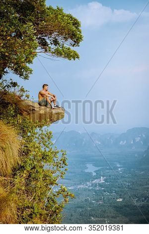 Khao Ngon Nak Nature Trail Krabi Thailand Or Dragon Crest, Man Climbed To A Viewpoint On The Top Of 