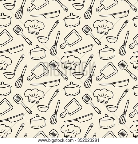 Restaurant Chef. Cute Hand Drawn Seamless Pattern. Vector Illustration In Doodle Style