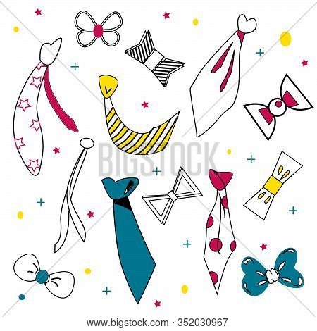 Tie And Bows. Colored Fashion Clothes Accessories For Men Shirts Suits Vector Collections Of Ties. F