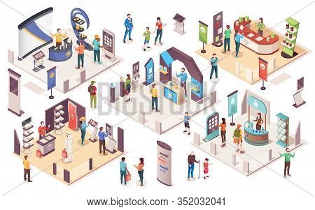 People At Expo Or Business Exhibition, Isometric Icons. Technology And Business Exhibition With Prod