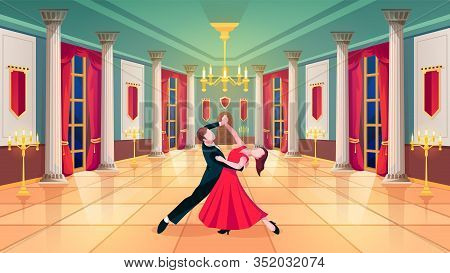 Ballroom Hall, Waltz Dancers In Royal Palace Room, Background. Man And Woman Dancing Waltz In Ball R