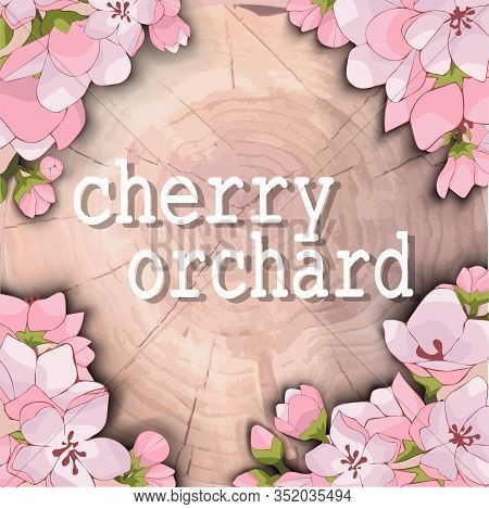 Wood Background With Flowers Of Cherry And Apple Trees. Rosebud. Place For Text. Cut Wood With The I