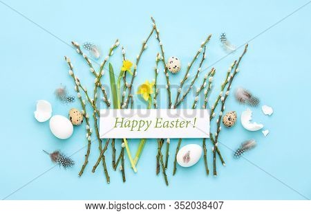 Easter Greeting Card Or Banner Template Concept, Holiday Botanical Flat Lay Arrangement With Greetin
