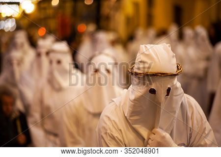 Leonforte, Sicily - April, 19: Christian Brethren During The Traditional Good Friday Procession On A