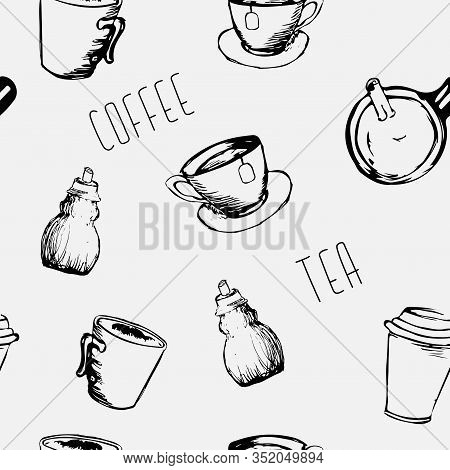 A Seamless Pattern On The Theme Of Tea And Coffee. Mugs And Cups, Sugar Bowls Drawn With A Hand. Vec