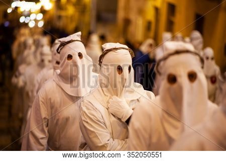 Leonforte, Sicily - April, 19: Christian Brethren During The Traditional Good Friday Procession On A