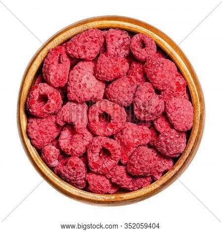 Dried Whole Raspberries In A Wooden Bowl. Edible, Ripe, Red And Sweet Fruits Of Rubus Idaeus, The Cu