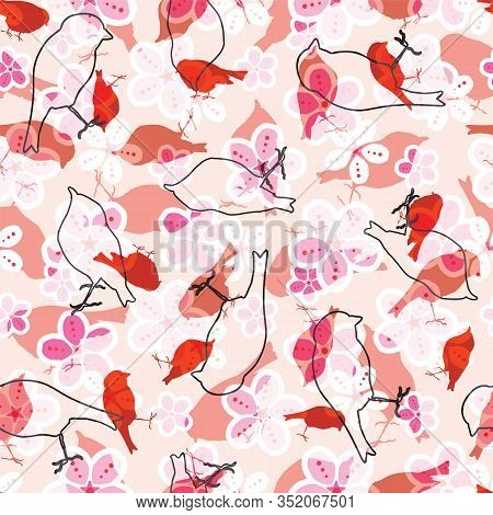 Birds In Cherry Blossoms Flowers Pattern. Modern Elegant Japanese Floral Print With Robin Silhouette