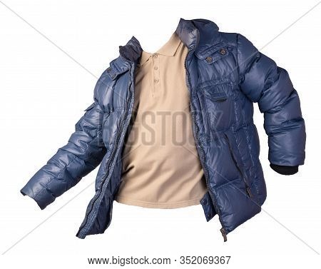 Mens Hakki T-shirt And Blue Jacket Isolated On White Background.casual Clothing