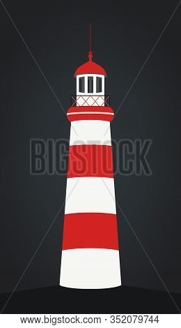 Vector Cartoon Lighthouse, Building Onshore, Construction With Searchlight