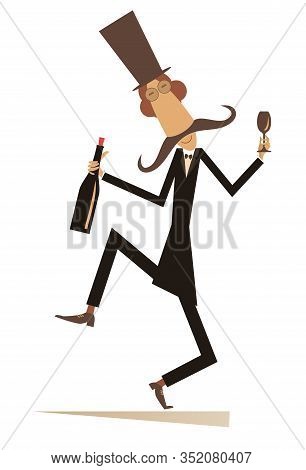 Funny Dancing Man With Bottle Of Wine And Footed Tumbler Illustration. Long Mustache Man In The Top 