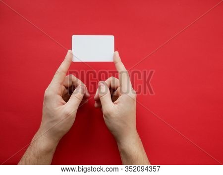 Female Hands Holding Blank White Business Card On Red Background. Top View