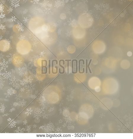 Christmas Defocused Blurred Gold Background With Showflakes. Eps 10