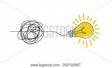 Idea Doodle Concept. Confuse To Simplicity Concept With Messy Hand Drawn Lines And Light Bulb. Vecto