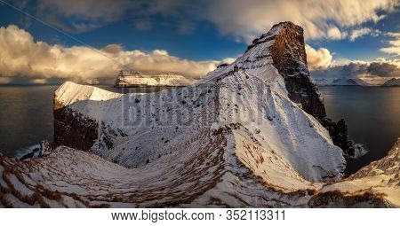 Panorama Of Kallur Lighthouse On Kalsoy Island At Sunny Day, Faroe Islands