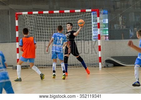 Odessa, Ukraine- Febr 17, 2020: Little Boys, Children Play Mini Football In Sports Hall At Sports Ci