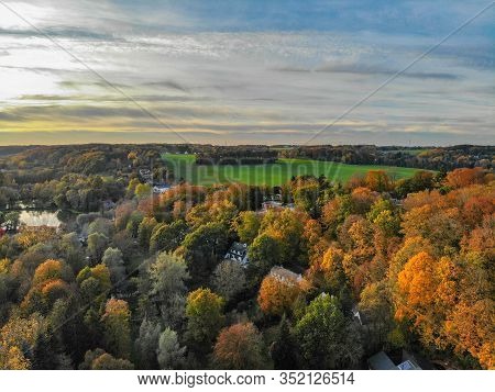 Aerial View Of Country Side Area In Walloon, Belgium, Luxury Villas And Farm Surrounded By Forest An