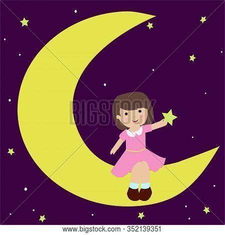 Cute  Cartoon Girl Sitting On The Moon And Raise A  Star  Vector