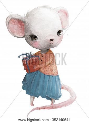 Cute Little Mouse Girl With Present Box