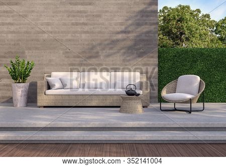 Loft Style Outdoor Living Area 3d Render,there Are Wooden And Concrete Floor,rough Concrete Wall Wit