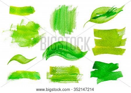 Set Of Fresh Green Hand Drawn Watercolor Design Elements, Splases, Stains, Dabs, Leaf, Isolated On T