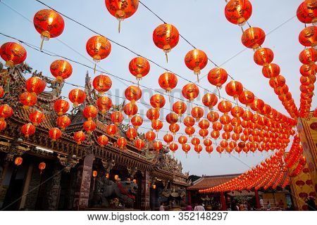 Samut Prakan, Thailand - February 9, 2020 : The Beautiful Red Lantern In Lantern Festival At Shire F