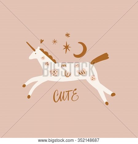 Boho Unicorn Spring Concept. Folk Art Horse Slovak Ornament, Swedish Style Drawing, Pastel Coloured 