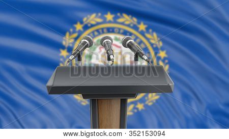 3d Illustration. Podium Lectern With Microphones And New Hampshire Flag In Background