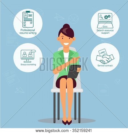 Woman In Green Jacket With Tablet Sits On Chair. Open Vacancy. Group Counseling. Service Contract. V