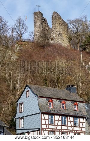 View At Castle Ruin Haller And Half-timbered House In Monschau, Germany