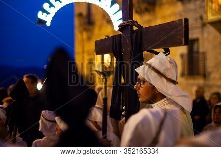 Leonforte, Sicily - April, 19: Christian Brethren During The Traditional Good Friday Procession On A