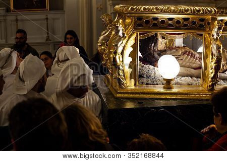 Leonforte, Sicily - April, 19: Christian Brethren During The Traditional Good Friday Procession On A