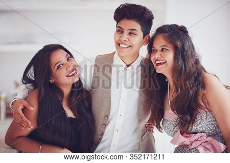 Portrait Of Cheerful Happy Friends, Girls, Students Having Fun Together