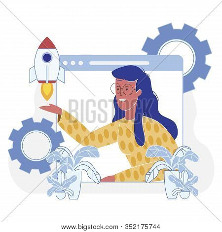 Presentation Startup Development Effectiveness. Female Entrepreneur Launches Space Rocket On Backgro