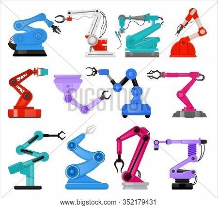 Robot Manipulators Hands In Flat Style. Automatic Robotic Hands Or Industrial Robot Arms Isolated On