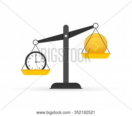 Time Is Money On Scales Icon. Money And Time Balance On Scale. Vector Stock Illustration.