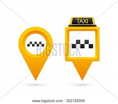 Set Taxi Icon. Map Pin With Taxi Checks Sign. Vector Stock Illustration.