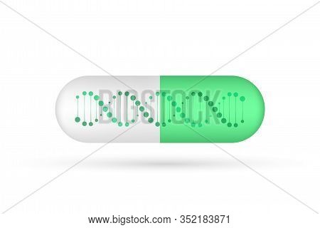 Close Green Capsule Pill With Dna Molecule Structure On White Background. Vector Stock Illustration.