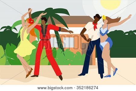 Two Pairs Dancers Dancing On Beach On Background Palm Trees. Dancers Dance Incendiary Dances. Brazil